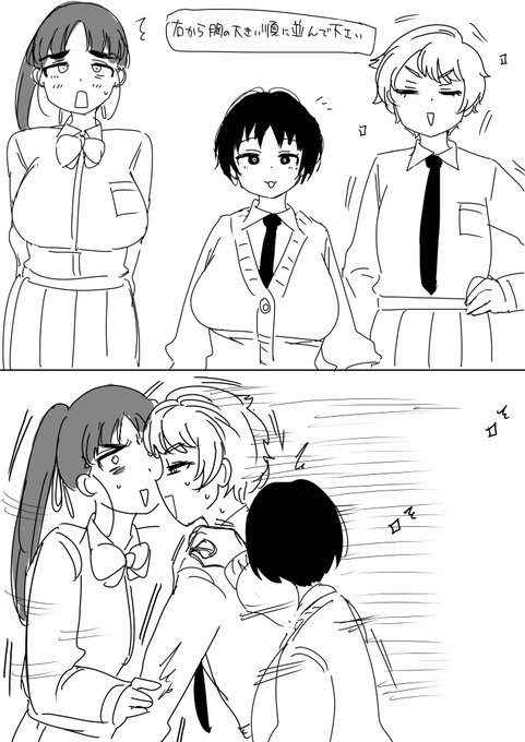 どっちでもとれるんですけど左からより右からのほうが適当そうだったので修正しました(反応してくれた方すみません)
"Please line up in order of breast size from right to left" 