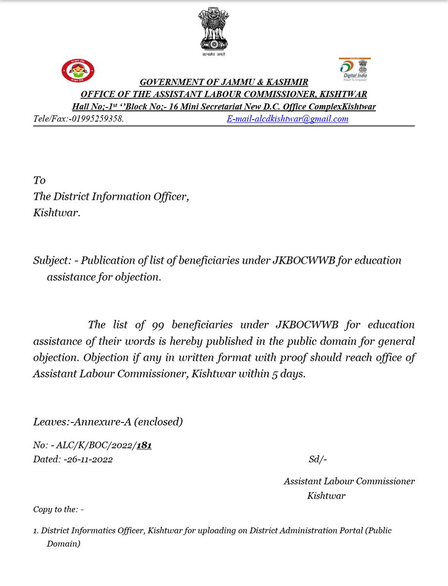Asstt. Labour Commissioner Kishtwar (@alckishtwar) on Twitter photo Publication of list of beneficiaries under JKBOCWWB for education assistance for objection.
<a href="/dckishtwar/">Deputy Commissioner Kishtwar</a> Publication of list of beneficiaries under JKBOCWWB for education assistance for objection.
<a href="/dckishtwar/">Deputy Commissioner Kishtwar</a>