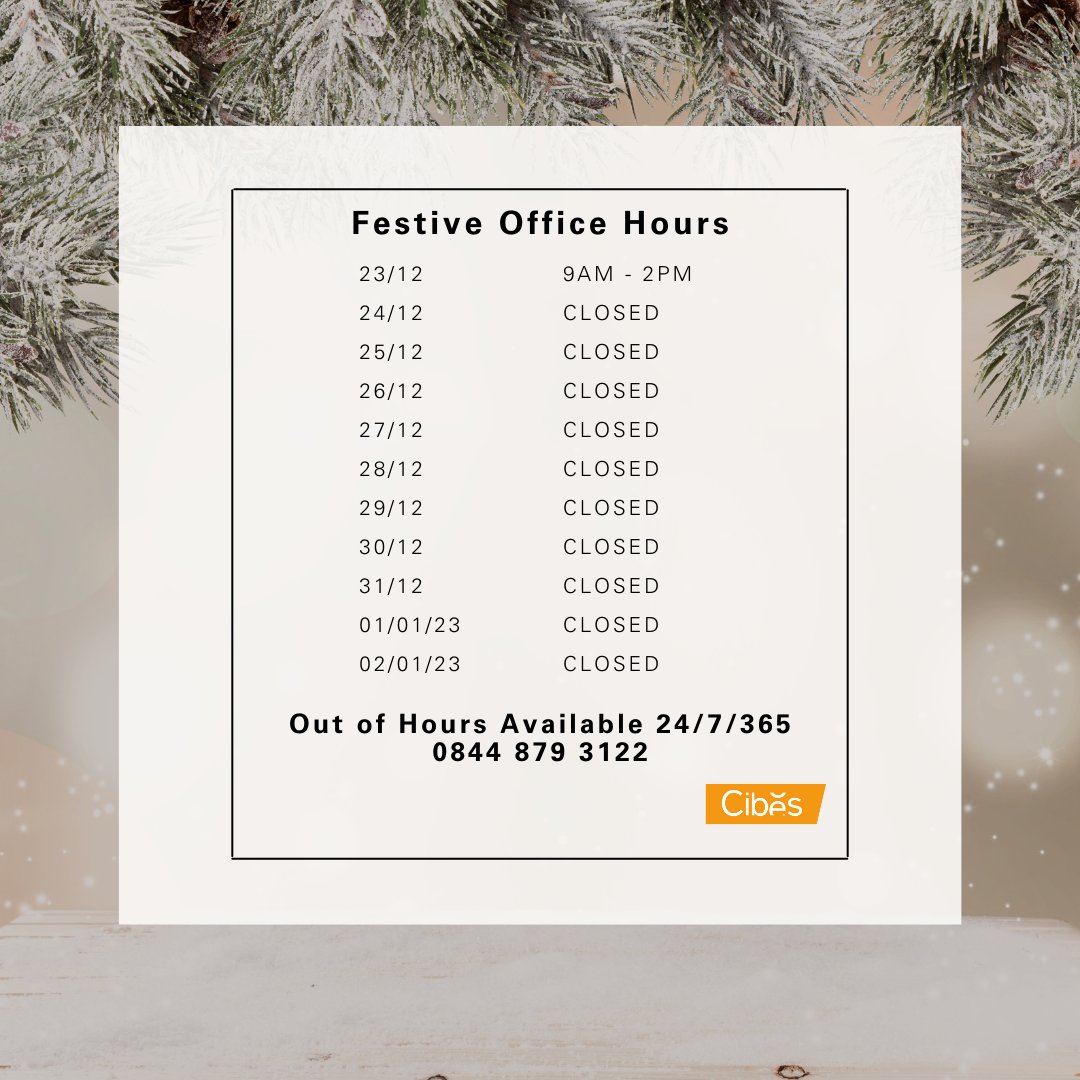Please note our Festive Office Hours.

Out of hours support will be available 24/7 throughout the festive period.

📞 0844 879 3122

#festiveperiod #christmas2022 #officehours