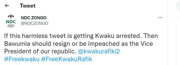TheGhanaWeb's tweet photo. Netizens react to the alleged arrest of one Kwaku Rafik for some comments he made on social media.
#FreeKwakuRafik #GhanaWebReporter #AkufoAddo https://t.co/nJQkINKare