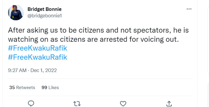 TheGhanaWeb's tweet photo. Netizens react to the alleged arrest of one Kwaku Rafik for some comments he made on social media.
#FreeKwakuRafik #GhanaWebReporter #AkufoAddo https://t.co/nJQkINKare