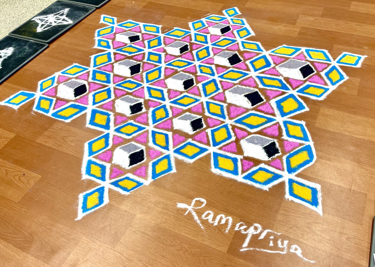 rramapriya's tweet photo. Hexagon exploration!  Just drawing hexagons and ending up with so many rhombuses, stars and cubes! Drew this Kolam for a presentation at school! #kolam #meditativedrawing #floorart #indiantraditionalart #geometry #wellbeing #arttherapy https://t.co/NAUfBSk0BK