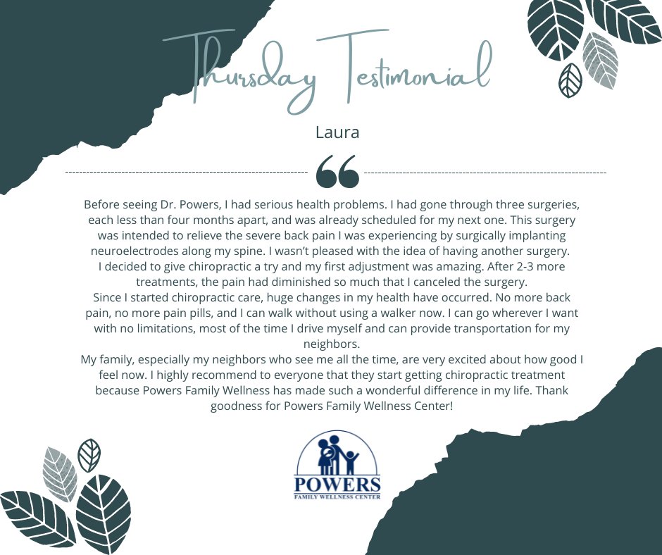 powerswellness's tweet photo. Happy Thursday! It's so lovely to hear about the impact chiropractic has on our patients' lives. Quite often many people don't realize just how many symptoms could be alleviated through chiropractic!
.
.
.
#health #chiropractic #austintexas #drdanpowers #powersfamilywellness https://t.co/o4s7K6PU5U