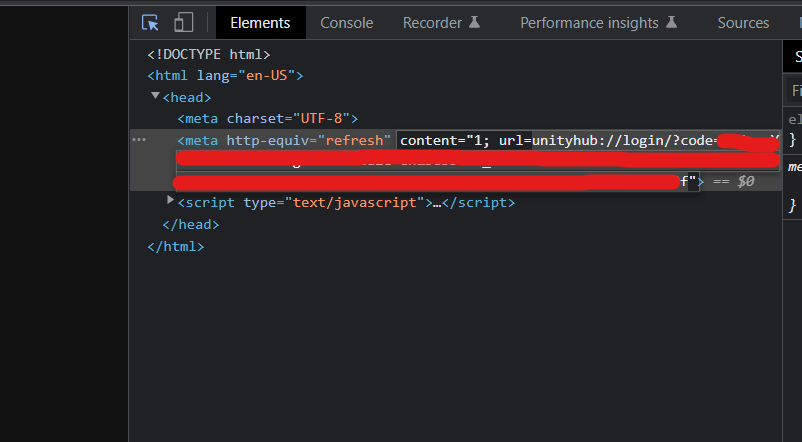 If Unity HUB 3 can't log in and you get a blank page.
Do:
 > Control+Shift+C (Chrome) to inspect elements
 > Unfold Head and in Meta tag with URL=
 > Copy everything after url= until "
 > Paste to the URL and press Enter
 > Logged in, Have Fun.

#unitytips #Unity3D #indiedev