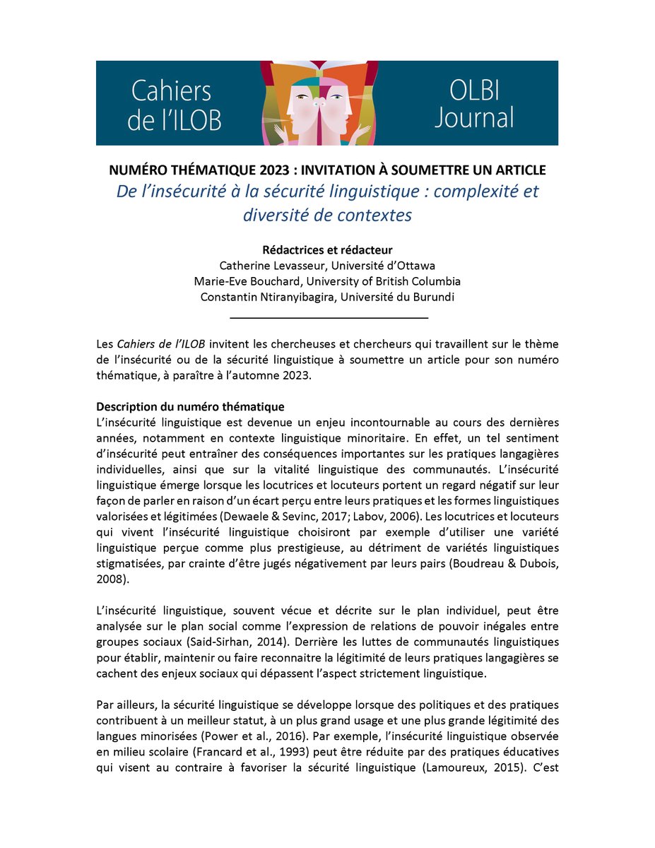 ILOB_OLBI's tweet photo. 📣Appel à articles pour les Cahiers de l’ILOB !
Numéro thématique « De l’insécurité à la sécurité linguistique : complexité et diversité de contextes »
📅 Date limite pour soumettre votre texte : lundi 30 janvier 2023
➡️Consultez l'appel de textes complet https://t.co/pGRB10RotZ https://t.co/tBGjJX6kHZ