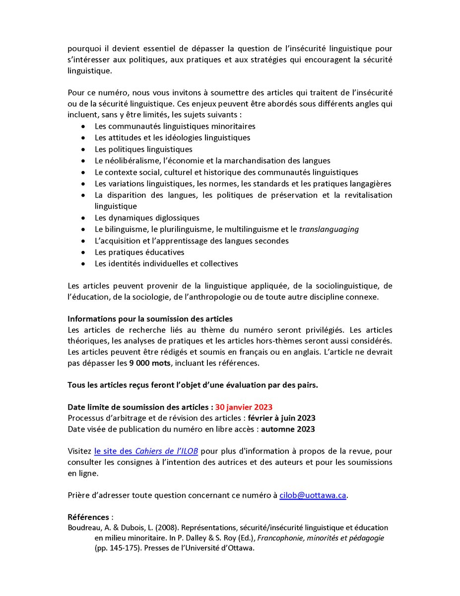 ILOB_OLBI's tweet photo. 📣Appel à articles pour les Cahiers de l’ILOB !
Numéro thématique « De l’insécurité à la sécurité linguistique : complexité et diversité de contextes »
📅 Date limite pour soumettre votre texte : lundi 30 janvier 2023
➡️Consultez l'appel de textes complet https://t.co/pGRB10RotZ https://t.co/tBGjJX6kHZ