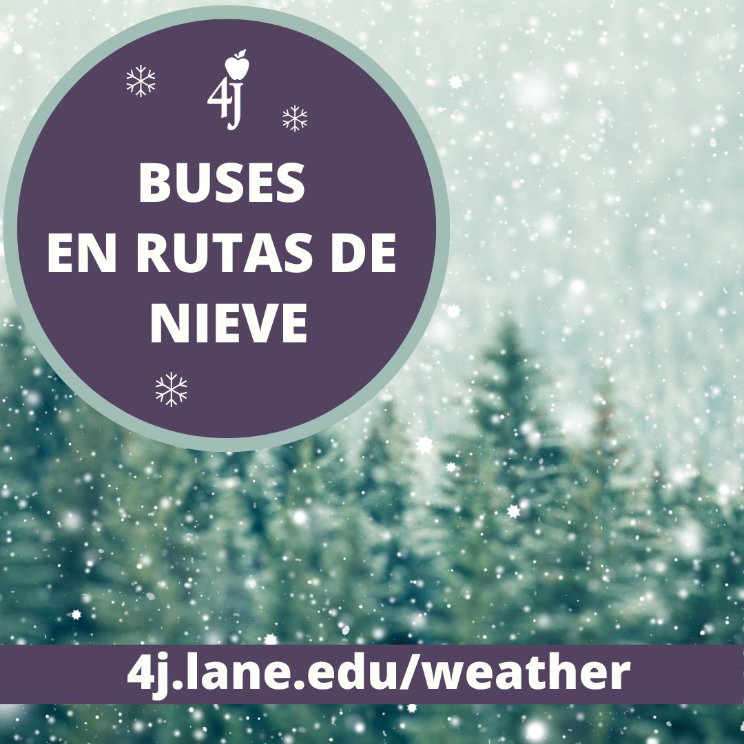 DEC. 1, 2022 - Eugene School District 4J buses are on snow routes this morning. Schools are OPEN. Please travel carefully and be patient—buses may run late. 4J.lane.edu/snowroutes