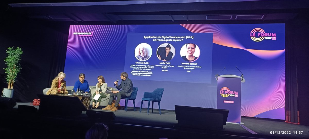 Application du Digital Service Act (DISA) en France quels enjeux ?#FORUMAD2022 #MBAMCI <a href="/ChantalRubin/">chantal rubin</a> <a href="/LucilePetit/">petit lucile</a> @nacérabekhat nous ont partagé les approches des réformes en-cours pour mieux structurer l'écosystème du digital en France.