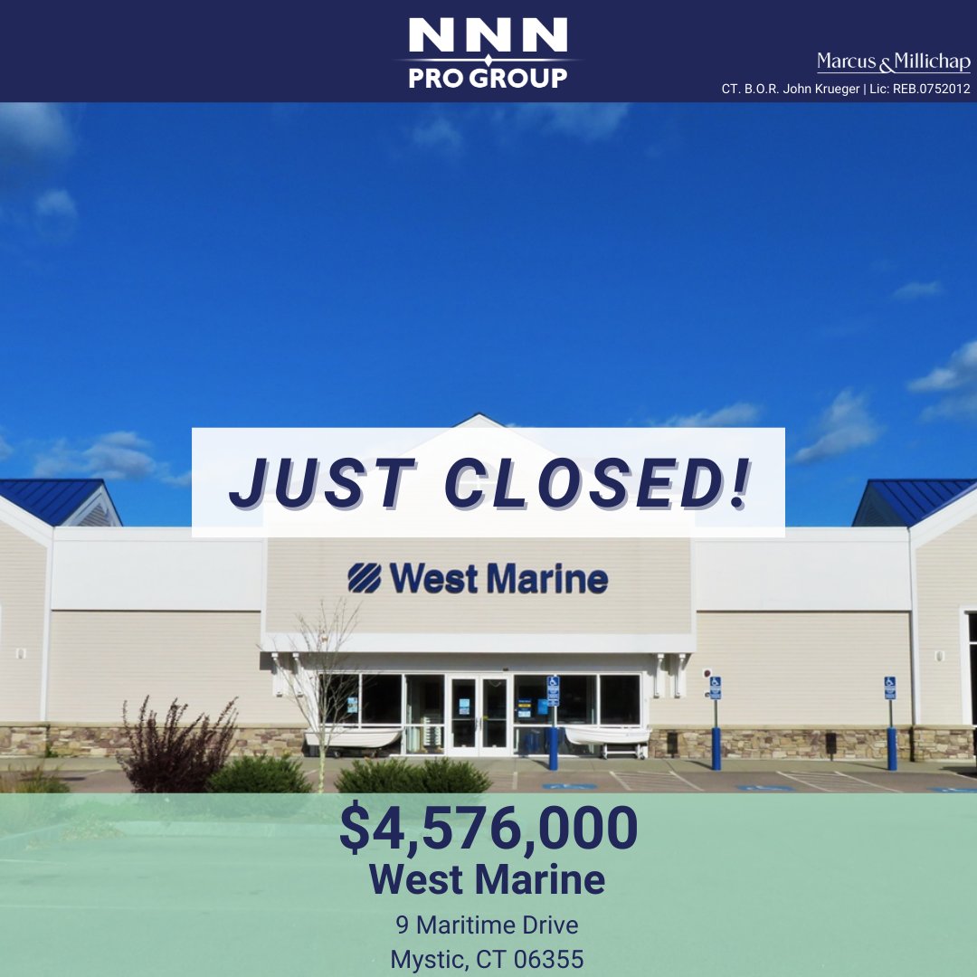 wearesurmount's tweet photo. Just Closed - West Marine in Mystic, Connecticut!
CT. B.O.R. | John Krueger | Lic: REB.0752012
#justclosed #cre #commercialrealestate #creproperty #propertyinvestment #invest #investment #investmentproperty #netlease #netleaseinvestments #triplenet #realestate #1031exchange #NNN https://t.co/GETnPQVUed