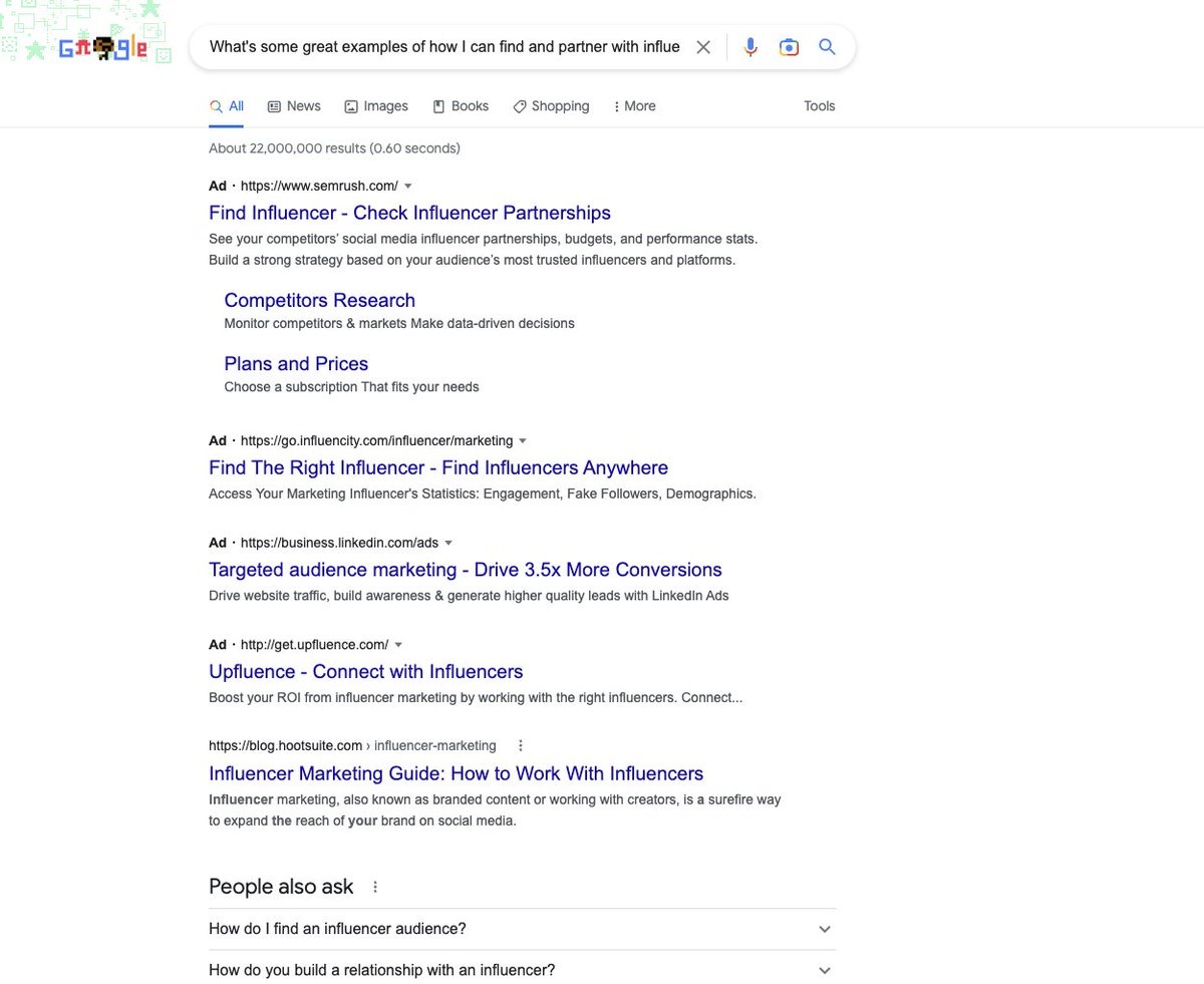 Google's search dominance will come under threat by AI assistants

We're at the start of the beginning in how they behave

I can ask AI for some general advice about influencer marketing, and then ask for an email template to reach out to them

I ask Google and get paid ads