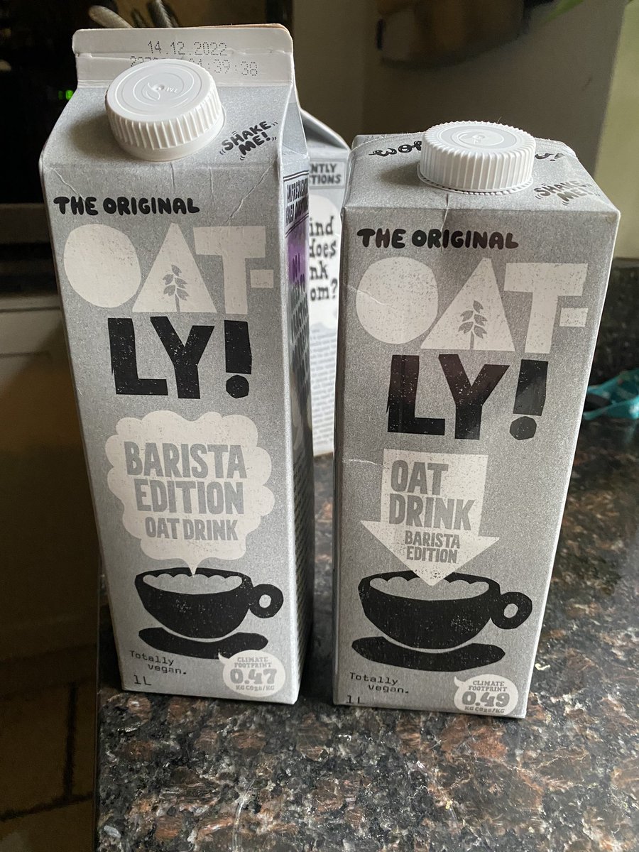 fogster74's tweet photo. @oatly can you tell me what the difference is between these two, other than the one on the left says “keep refrigerated” and has a much shorter date on it? They appear identical looking at the ingredients and nutritional info? https://t.co/Cx7AbGs8R9