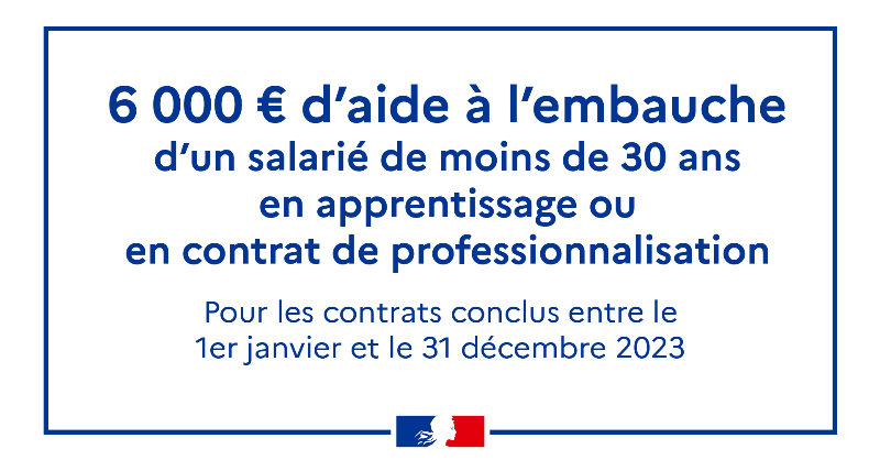 Travail_Gouv's tweet photo. Actualité | Le @gouvernementFR renouvelle son soutien à l'alternance pour 2023 ! 
6000 € d'aide à l'embauche pour le recrutement d'un salarié de moins de 30 ans en contrat d'#apprentissage ou de professionnalisation. Toutes les informations ici ⤵️