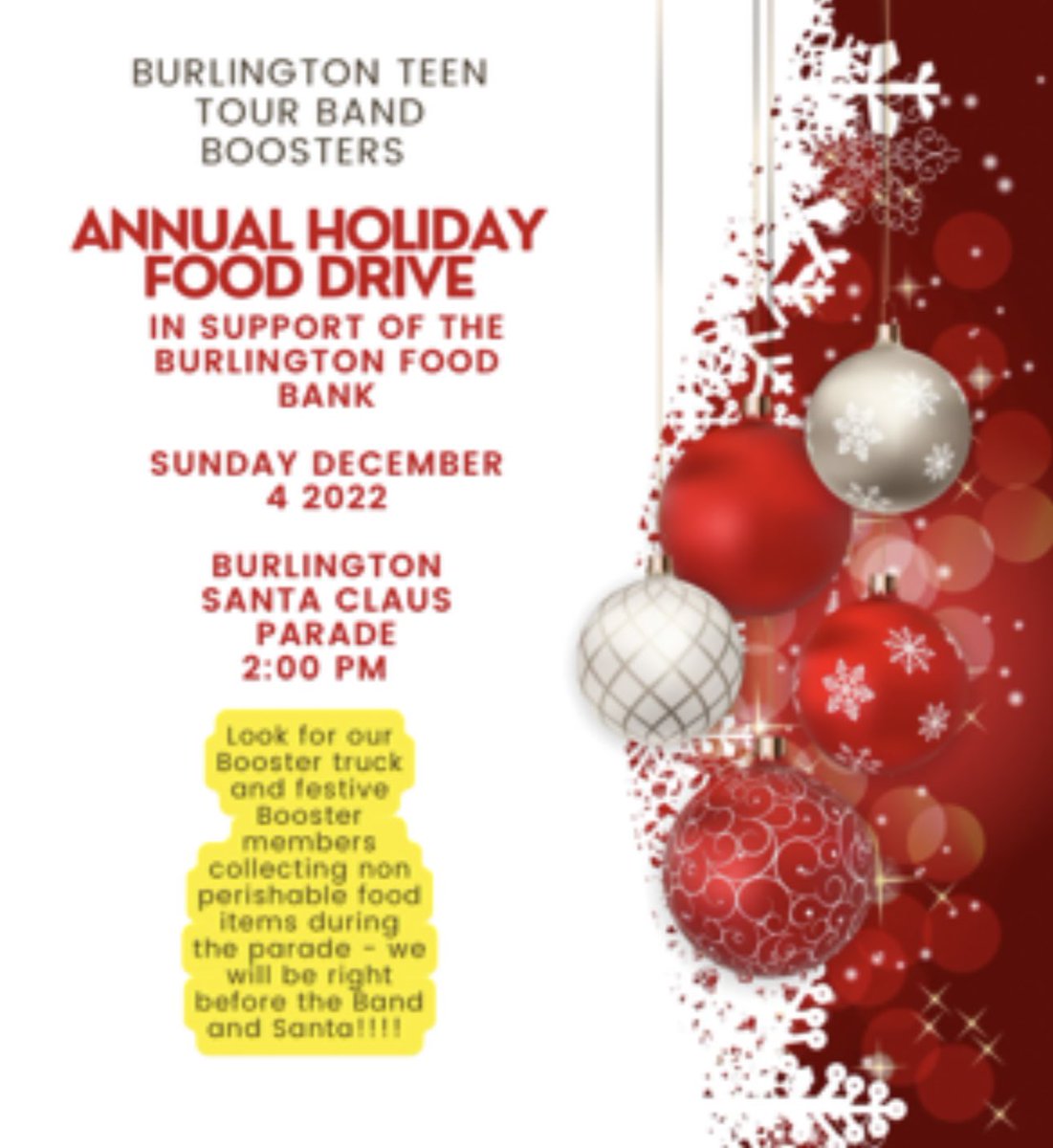 The Burlington Teen Tour Band Boosters will be collecting non-perishable food items for the Burlington Food Bank at the Burlington Santa Claus Parade this Sunday (Dec. 4). Look for the Booster truck right before the Band players and Santa!