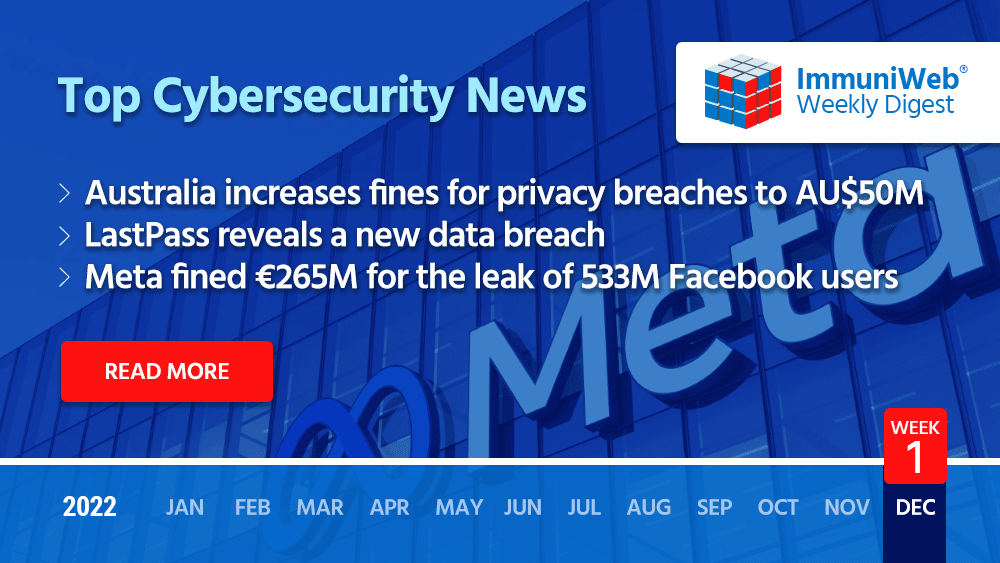 Australia increases fines for #privacy breaches to AU$50M, LastPass reveals a new #databreach, Meta fined €265M for the 2021 leak of 533M Facebook users, and other #cybersecurity and #cybercrime news of the week. immuniweb.com/blog/meta-fine…