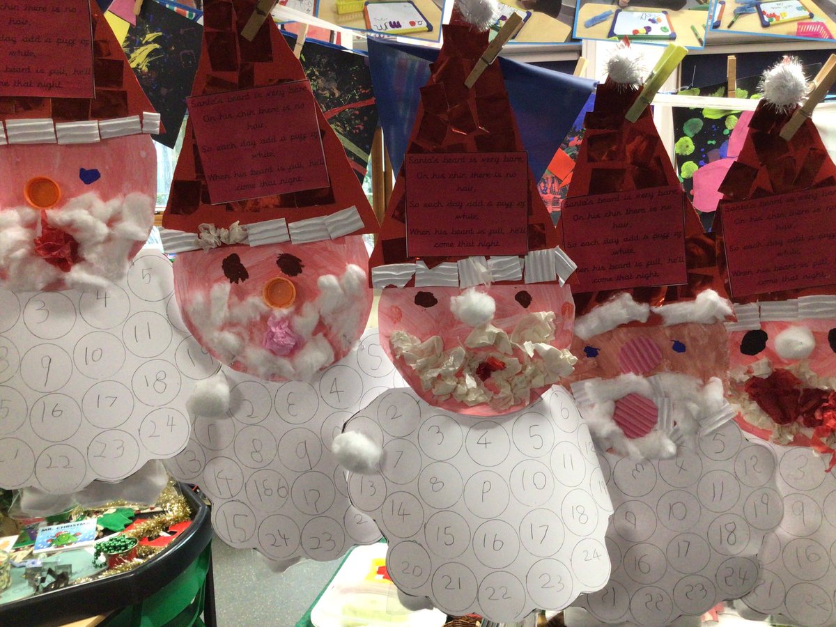 HawthornsEY's tweet photo. Santa’s beard is very bare, on his chin there is no hair, so each day add a puff of white, when his beard is full he’ll that night! 

The children were excited to stick their first cotton wool ball on Santa’s beard. @HawthornsSchool https://t.co/OUGHSD93If