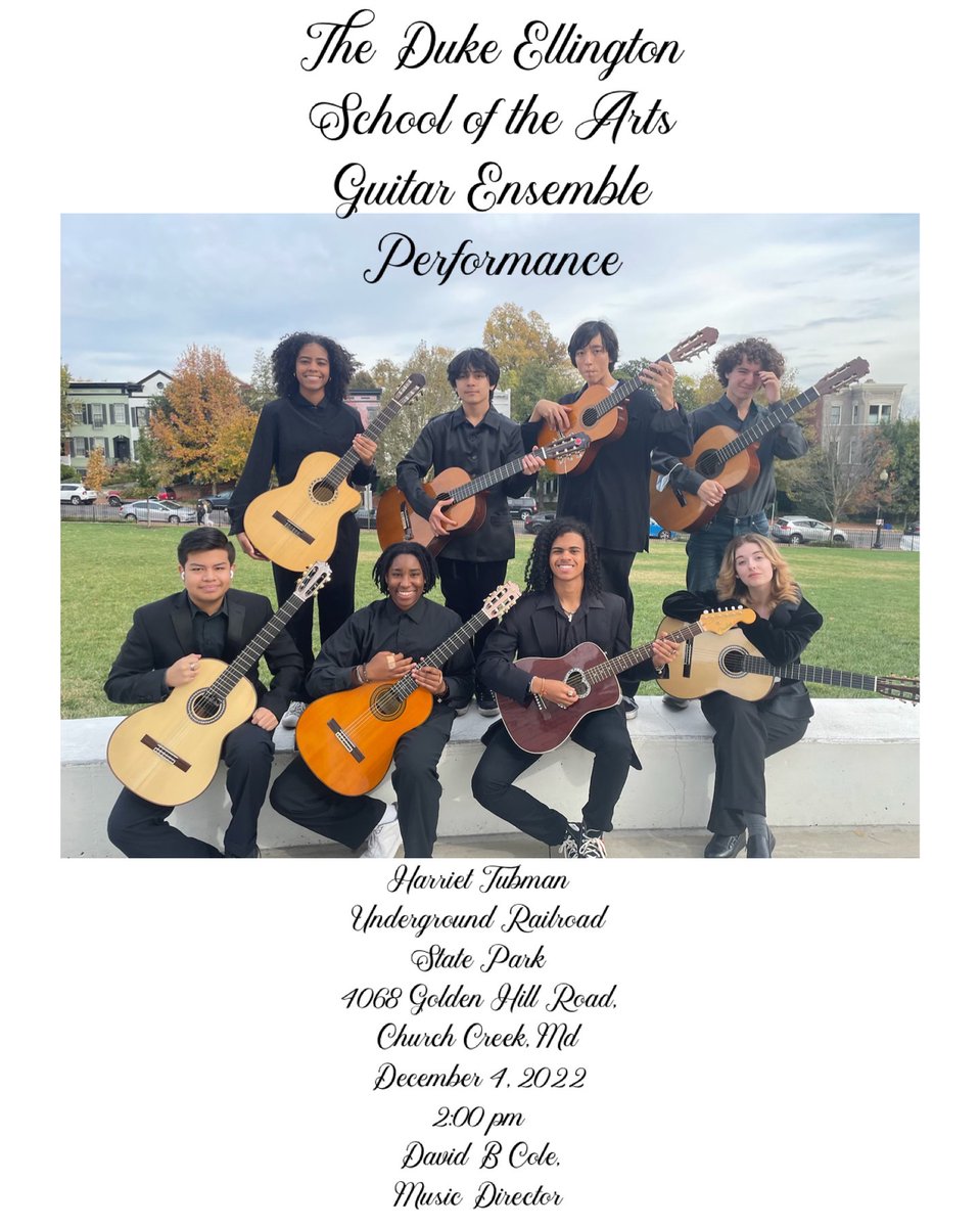 Come to the Harriet Tubman Underground Railroad National Historical Park on December 4, 2022 and listen to the Duke Ellington School of the Arts Guitar Ensemble Performance. The event is free and open to the public in our theater. 
#nps #nationalparkservice #marylandstatepark