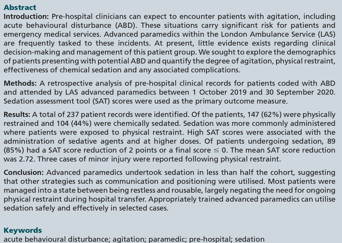 Out today, an analysis of the sedation and management of patients with acute behavioural disturbance attended to by <a href="/Ldn_Ambulance/">London Ambulance Service</a> Advanced Paramedic Practitioners in Critical Care. 
Great work <a href="/BrowneeNick/">Nick Brown</a> <a href="/TimEdwards76/">Tim</a> <a href="/Mark_faulkner_/">Mark Faulkner</a> Ian McIntyre. 

ingentaconnect.com/contentone/tco…