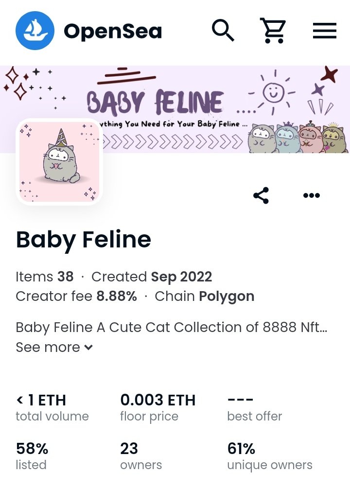 Collection of baby Feline

Art by <a href="/The_Food_Man888/">Ankit Panchal - Shree Hari Genuine Cars</a> 

Floor price 0.003 eth
Polygon blockchain

Check out this cute collection
opensea.io/collection/bab…

#NFTCommmunity #goodpeopleteam