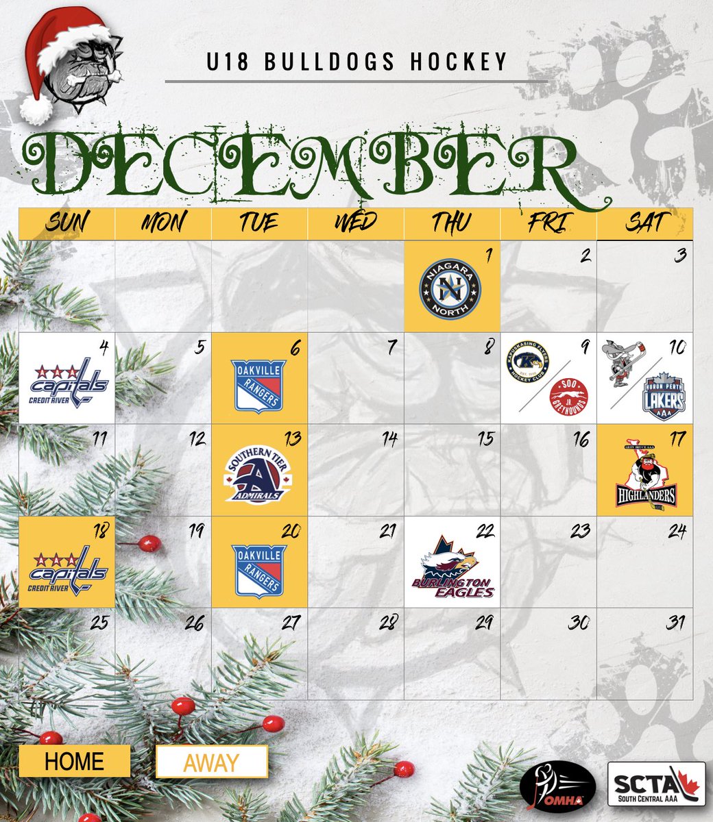 U18AAABulldogs's tweet photo. Check out our very busy December sched! Lots of home games and a tournament in Waterloo, Ont Dec 10th weekend. Happy Holiday season 🎄 #rolldogs #gobulldogs #hockeyinthehammer 🐶💪 https://t.co/qlE8BxOX6k