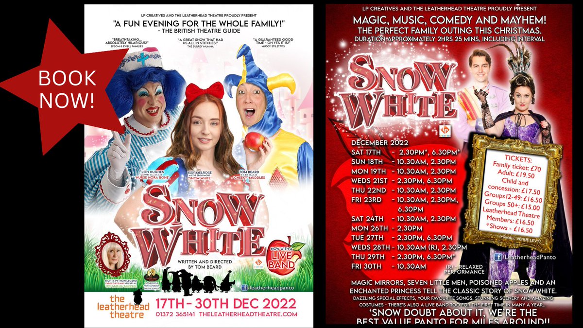 Support your local theatre at the most wonderful time of the year by booking to see our annual Pantomime. Great value, hugely entertaining family fun in Leatherhead. Grab your seats now! theleatherheadtheatre.com/whatson/snow-w…

<a href="/livingkt22/">Leatherhead Living</a> #supportlocal #leatherheadtheatre #panto22 #SnowWhite