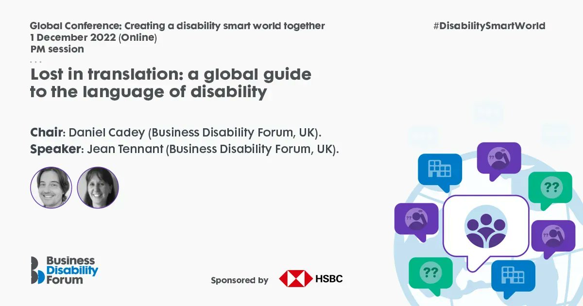 DisabilitySmart's tweet photo. 'Lost in translation', our global guide to the language of disability, launches today, sponsored by @HSBC. At #BDFGlobalConference to tell us about it is Technical Writer Jean Tennant, joining chair @dcadey
Access the guide free: https://t.co/W682POrFr6
#DisabilitySmartWorld https://t.co/dbNL945MnQ