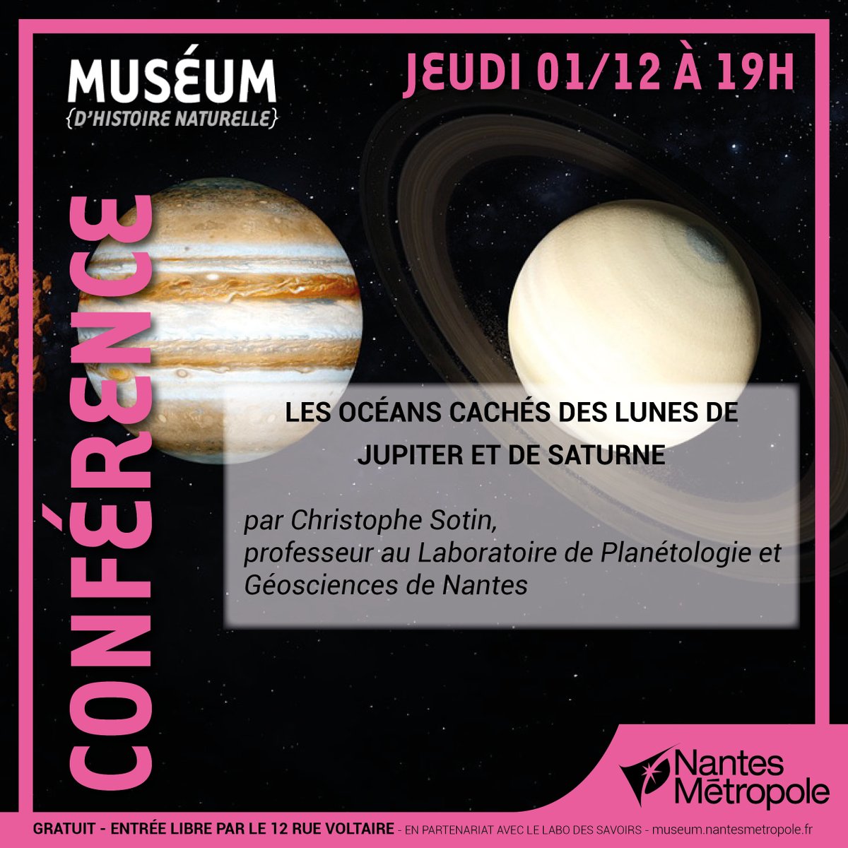Labodessavoirs's tweet image. Ce soir au Muséum d&apos;Histoire Naturelle de Nantes, Christophe Sotin du @LPG_Lab nous parle des océans cachés sur les lunes de Jupiter et de Saturne 🪐
=&amp;gt; RDV à 19h, c&apos;est gratuit, venez nombreux !
