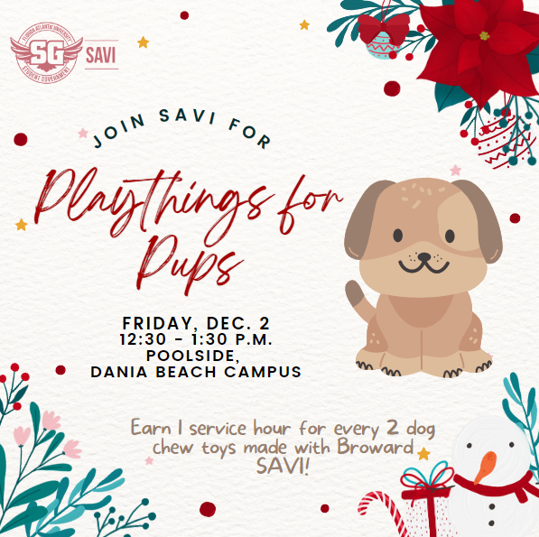 FAUBroward's tweet photo. Playthings for Pups
Friday, Dec. 2 | Poolside | Dania Beach Campus
Create dog chew toys to be donated to a local animal shelter and earn service hours!

#FloridaAtlanticUniversiy #FAU #FAUBroward #FAUDavie #FAUFortLauderdale #FAUDania https://t.co/92iSW68AmF