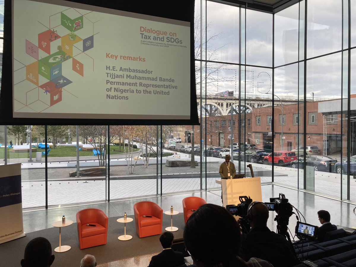 H.E. Ambassador Tijjani Muhammad Bande, Permanent Representative of Nigeria to the UN delivering the Key Note address on the 2nd day of the Dialogue on Tax and SDGs at Columbia university. #sdgs ⁦@INFFplatform⁩ ⁦<a href="/ossap_sdgs/">OSSAP-SDGs</a>⁩ ⁦<a href="/NigeriaGov/">Government of Nigeria</a>⁩