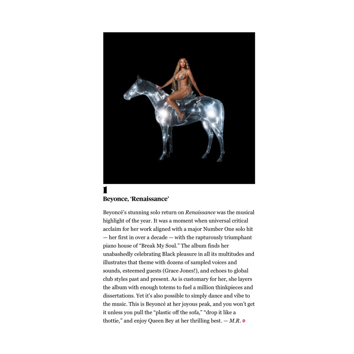 .<a href="/RollingStone/">Rolling Stone</a> names <a href="/Beyonce/">BEYONCÉ</a>’s “RENAISSANCE” as the best album of 2022.