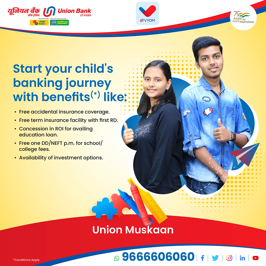 UnionBankTweets's tweet photo. Now is the best time to introduce your child to the world of banking. Get a specialised account that offers numerous benefits to your young one with Union Muskaan. Know more: https://t.co/TNmxa9iCf0
#UnionBankOfIndia
#GoodPeopleToBankWith #AmritMahotsav #PoweredByGoodness https://t.co/WI2tXZbbM5