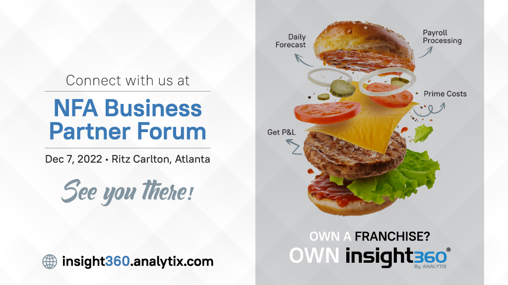 analytixsoln's tweet photo. Do you own a restaurant #franchise? If so, be sure to connect with #AnalytixSolutions at #NFABusiness Partner Forum on Dec. 7, 2022 at the Ritz Carlton in Atlanta. #Insight360 #Analytix #datamanagement. https://t.co/qVIoNuiZrg
