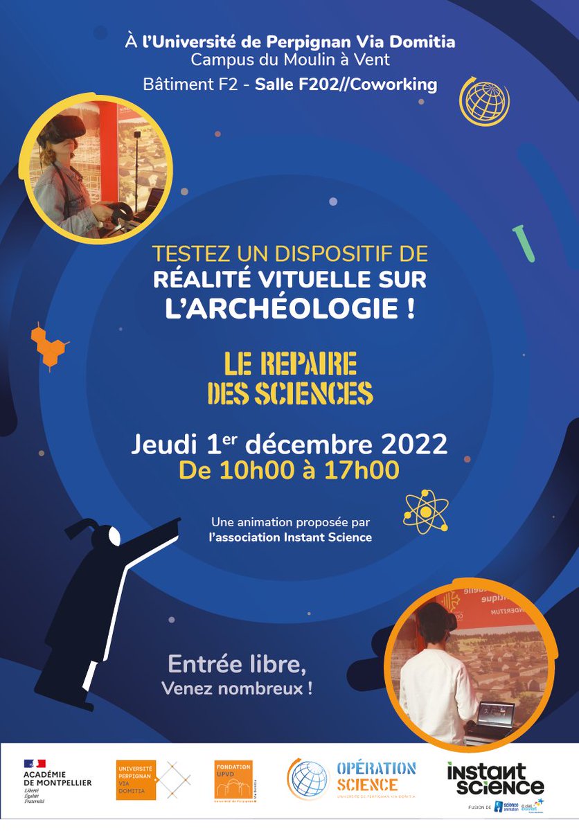 Aujourd’hui, le Repaire des Sciences à l’<a href="/upvd1/">Université Perpignan</a> vous propose une animation de #realitevirtuelle avec <a href="/ScienceAnim/">Instant Science</a> - Découvrez Anderitum, ville antique, entièrement reconstituée…
Jusqu’à 17h, campus du Moulin à Vent, Bât F2, salle de coworking