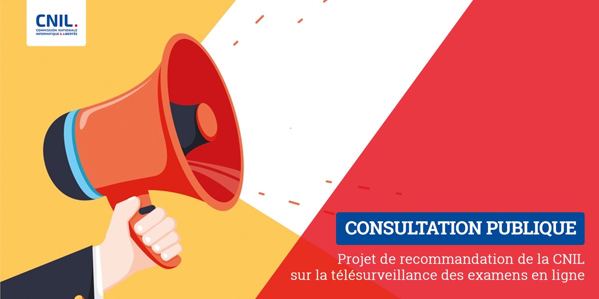 CNIL's tweet photo. 📢 #Télésurveillance des examens en ligne : afin de mieux cerner comment ces dispositifs sont utilisés ou perçus et pour mieux encadrer les modalités de leur mise en œuvre, la CNIL lance une consultation publique👉 https://t.co/w97AdNTYBT
📅 Participez jusqu'au 1er janvier 2023 ! https://t.co/zgdLFXLJTb