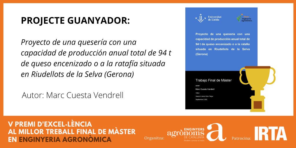 Enginyers Agrònoms de Catalunya (@eng_agronoms) on Twitter photo 🏆 El company Marc Cuesta Vendrell (<a href="/Mcuesta92/">Marc Cuesta Vendrell</a>) guanya el V Premi d’Excel·lència al Millor Treball Final de Màster en #EnginyeriaAgronòmica (<a href="/MasterAgroCat/">Màster en Enginyeria Agronòmica🌻🐔🍿🐷🍷🐮🍺🍎</a> @ETSEA_UdL)
Enhorabona, company‼️😃
🙌 Organitza <a href="/Eng_Agronoms/">Enginyers Agrònoms de Catalunya</a> i patrocina <a href="/irtacat/">IRTA</a>
ℹ️ Llegeix més bit.ly/3VlEWo4 🏆 El company Marc Cuesta Vendrell (<a href="/Mcuesta92/">Marc Cuesta Vendrell</a>) guanya el V Premi d’Excel·lència al Millor Treball Final de Màster en #EnginyeriaAgronòmica (<a href="/MasterAgroCat/">Màster en Enginyeria Agronòmica🌻🐔🍿🐷🍷🐮🍺🍎</a> @ETSEA_UdL)
Enhorabona, company‼️😃
🙌 Organitza <a href="/Eng_Agronoms/">Enginyers Agrònoms de Catalunya</a> i patrocina <a href="/irtacat/">IRTA</a>
ℹ️ Llegeix més bit.ly/3VlEWo4