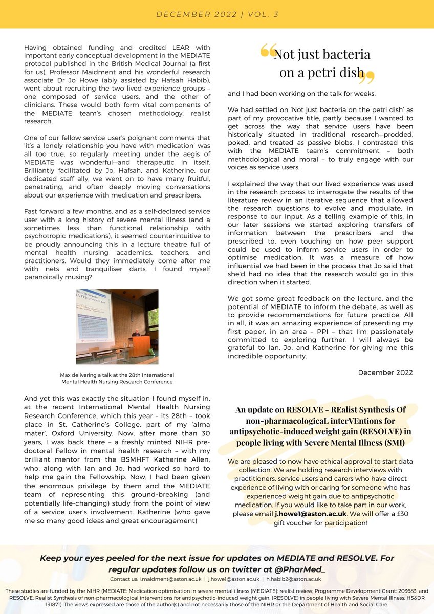 PharMED (@pharmed_) on Twitter photo Welcome to the December issue of our PharMed newsletter! We hope you enjoy!
<a href="/Prof_Ian_M/">Professor Ian Maidment</a> <a href="/DrJoHowe/">Jo Howe</a> <a href="/max_carlish/">Max Carlish</a> <a href="/HabibHafsah/">Habib Hafsah</a> @claire_duddy <a href="/RachelUTG/">Rachel Upthegrove MBE</a> <a href="/PharmacistSimon/">Simon Jacklin</a> <a href="/Maura_MacPhee/">Maura MacPhee</a> <a href="/amy_ahern/">Amy Ahern</a> @djrobotham <a href="/McPinFoundation/">The McPin Foundation</a> <a href="/bsmhft/">BSMHFT NHS Mental Health</a> <a href="/EquallyWellUK/">Equally Well UK</a> @NIHRcommunity <a href="/CMHPCommunity/">CMHP</a> Welcome to the December issue of our PharMed newsletter! We hope you enjoy!
<a href="/Prof_Ian_M/">Professor Ian Maidment</a> <a href="/DrJoHowe/">Jo Howe</a> <a href="/max_carlish/">Max Carlish</a> <a href="/HabibHafsah/">Habib Hafsah</a> @claire_duddy <a href="/RachelUTG/">Rachel Upthegrove MBE</a> <a href="/PharmacistSimon/">Simon Jacklin</a> <a href="/Maura_MacPhee/">Maura MacPhee</a> <a href="/amy_ahern/">Amy Ahern</a> @djrobotham <a href="/McPinFoundation/">The McPin Foundation</a> <a href="/bsmhft/">BSMHFT NHS Mental Health</a> <a href="/EquallyWellUK/">Equally Well UK</a> @NIHRcommunity <a href="/CMHPCommunity/">CMHP</a>