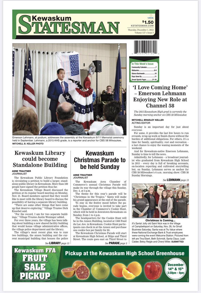 Proud to call Kewaskum HOME!

Big thanks to Mitch Keller for the nice conversation and write-up in this week’s edition of the Kewaskum Statesman. Always happy to talk about my work with @CBS58 and my love for my hometown! 

#YourHometownStation #HometownPaper