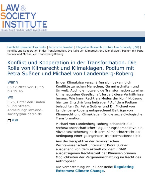 Wer am Nikolaustag neben Schokolade auch geistiges Futter braucht, ist herzlich eingeladen, mit @PetraSussner, @SaigerAJ  und mir an der <a href="/HumboldtUni/">Humboldt-Universität zu Berlin</a> über “Konflikt und Kooperation in der Transformation. Zur Rolle von #klimaschutzrecht und #klimaklagen” zu diskutieren @BerlinLSI