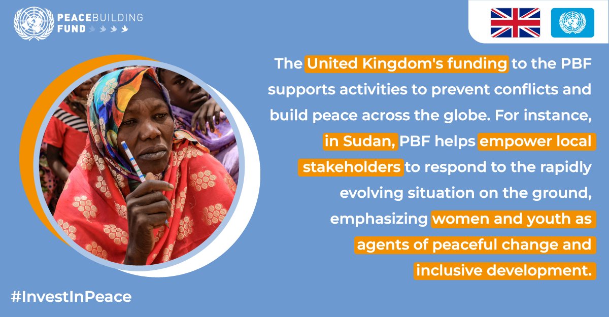 The UK's funding to the PBF supports activities to prevent conflicts &amp; build peace across the🌍

In Sudan, PBF helps empower local stakeholders to respond to the rapidly evolving situation on the ground, emphasizing women &amp; youth as agents of peaceful change. 
#InvestInPeace