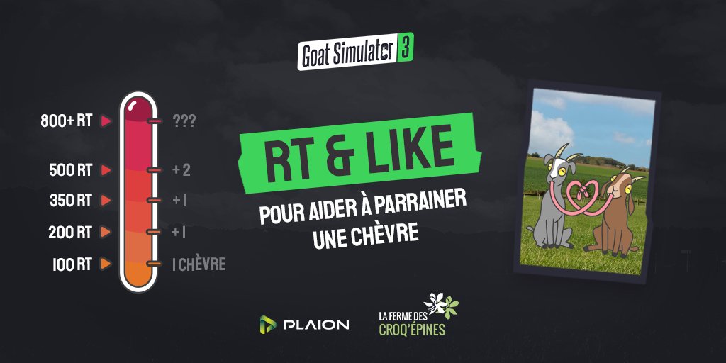 Tout plaquer et aller élever des chèvres ? 🐐

Pour soutenir le refuge de la Ferme des Croq'Epines, on vous propose de parrainer ensemble des chèvres pour chaque palier atteint !

🔁 RT pour atteindre le plus de paliers et peut-être gagner des cadeaux ! #GoatSimulator3