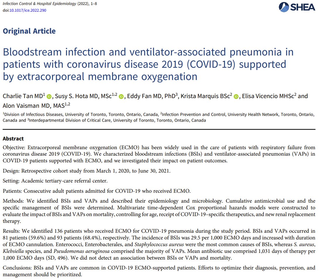 Infection Control & Hospital Epidemiology (@ichejournal) on Twitter photo New from <a href="/HotaSusy/">Susy Hota MD MSc</a>, <a href="/AlonVaisman/">Alon Vaisman</a>, <a href="/ipacuhn/">IPAC UHN</a>, <a href="/efan75/">Eddy Fan</a>
Healthcare-associated infections were common among patients with COVID-19 receiving extracorporeal membrane oxygenation, with a substantial associated burden of broad-spectrum antimicrobial use.
📄: doi.org/10.1017/ice.20… New from <a href="/HotaSusy/">Susy Hota MD MSc</a>, <a href="/AlonVaisman/">Alon Vaisman</a>, <a href="/ipacuhn/">IPAC UHN</a>, <a href="/efan75/">Eddy Fan</a>
Healthcare-associated infections were common among patients with COVID-19 receiving extracorporeal membrane oxygenation, with a substantial associated burden of broad-spectrum antimicrobial use.
📄: doi.org/10.1017/ice.20…