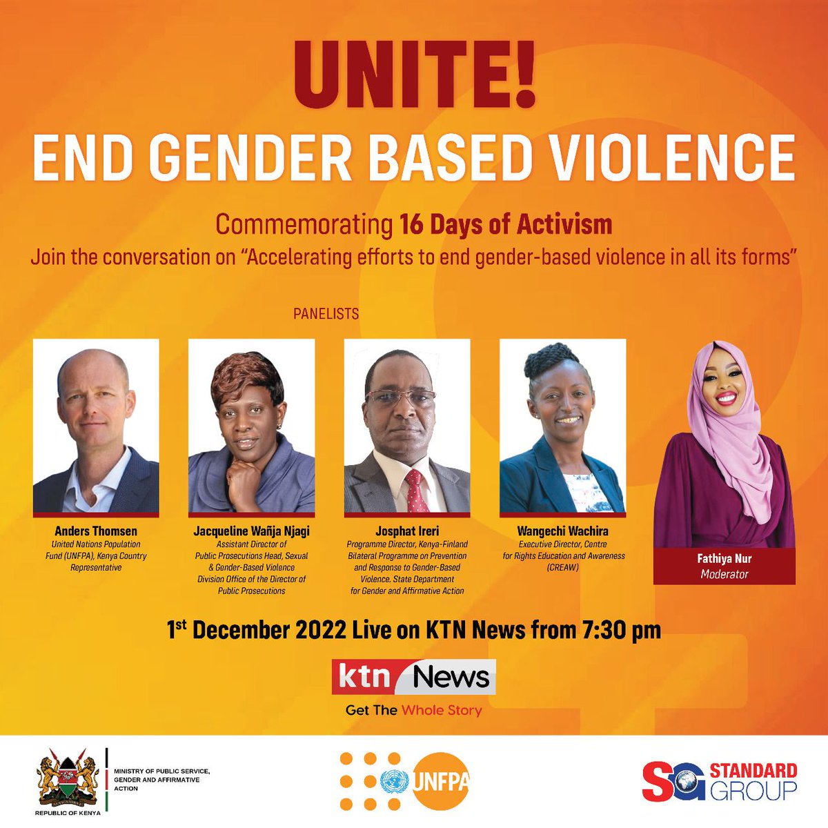 Ms. Jacqueline Njagi, ADPP, Head SGBV Division will be live on <a href="/KTNNewsKE/">KTN News</a> from 7.30pm today to discuss 16 days of Activism to end gender-based violence. Tune in!

#HakiNaUsawa
#EndGBV