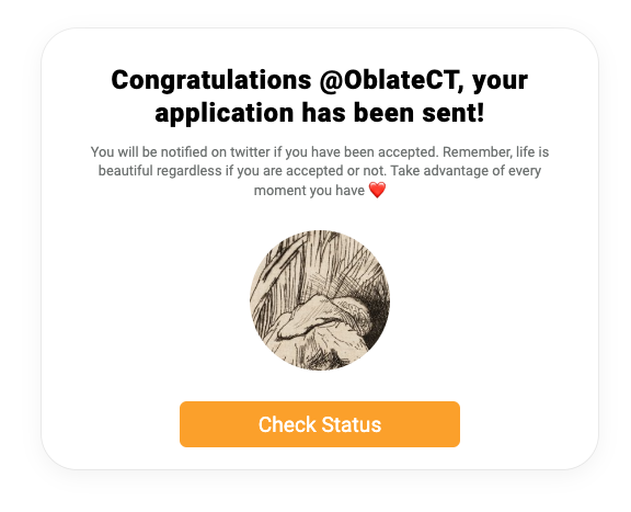 OblateCT's tweet photo. I am so excited to share this. Thank you @krunmonk for pointing me in this direction with my life and encouraging me to apply. Now we pray and see. 
@corntownwtf 
#Corntownwtf 
@krunlabs https://t.co/fvUfg5pUjn