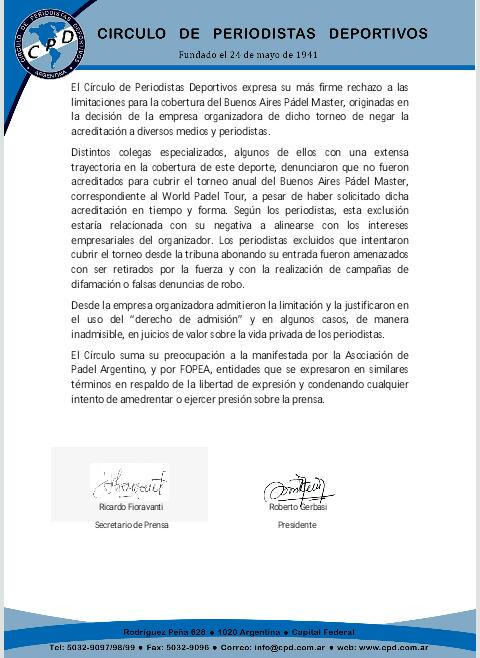 CirculoCPD's tweet photo. Comunicado del Círculo de Periodistas Deportivos con relación a los hechos ocurridos en ocasión del @WorldPadelTour de la ciudad de Buenos Aires. 
#padel https://t.co/M2FcncLECj