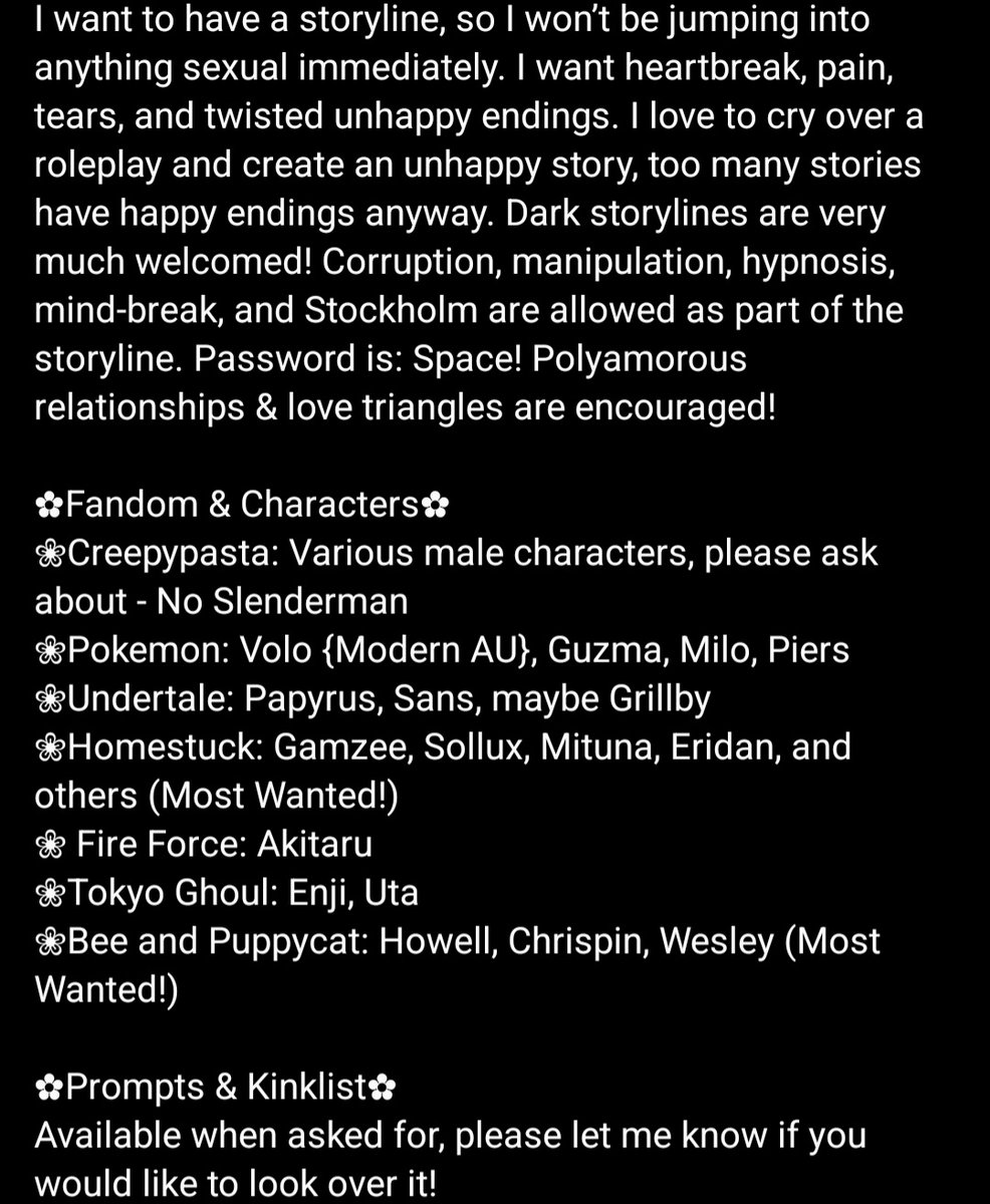 KayKastellanos's tweet photo. Looking for Novella roleplay partners for Discord. Please read the details in the images below! #lewdroleplay #novellaroleplay #nsfwrp🌸 #nsfwroleplay #nsfwrp #smut #smutrp #smutroleplay #openrp #Fandomrp #Fandomroleplay #homestuckrp https://t.co/bfg2ry1ow1
