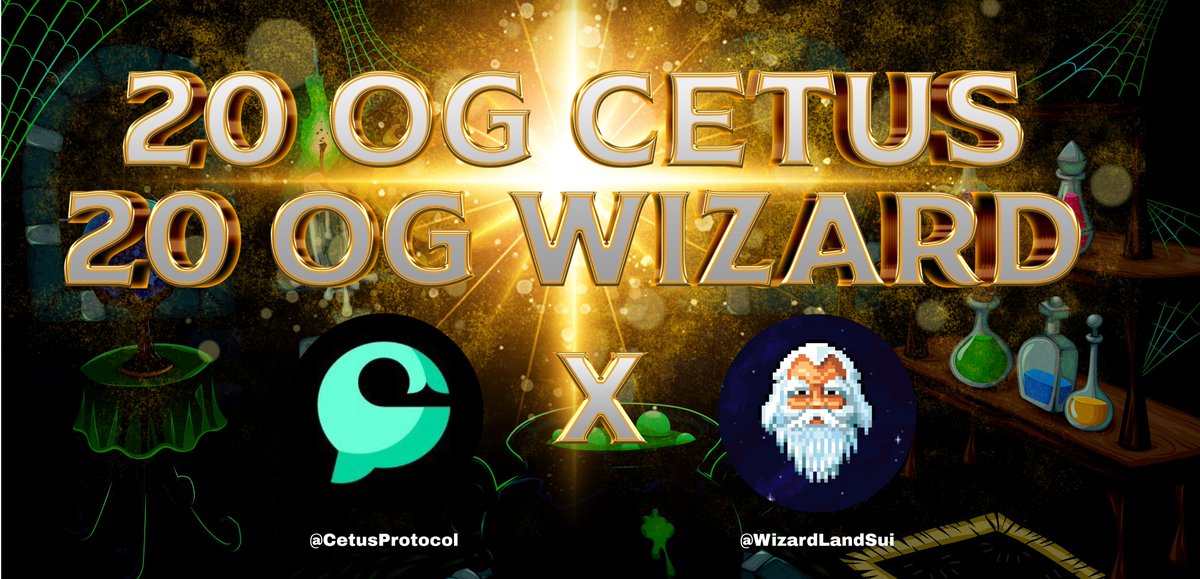 Proud to announce we have partnered up with <a href="/CetusProtocol/">Cetus🐳</a> pioneer DEX and liquidity protocol built on #Aptos &amp; #Sui 

20 OG Wizard
20 OG Cetus

To enter:
1️⃣Follow: <a href="/WizardLandSui/">Wizard Land - Sui💧</a> and <a href="/CetusProtocol/">Cetus🐳</a>
2️⃣ Like + RT
3⃣ Discord: discord.gg/cetusprotocol   &amp; discord.gg/wizardlandsui

72h