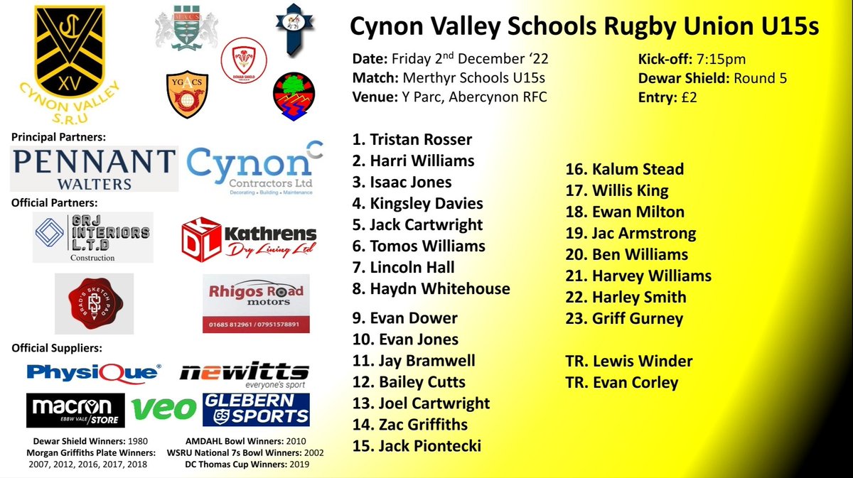 CVSRU's tweet image. Here's your @CVSRU U15s team to play @rugby_msr in Round 5 of the Dewar Shield 7:15pm this Friday @AbercynonRFC 👊🖤💛🏉

Come and support your District 🙌

@ACS_Sport @WRUHub_MACS @AGRhydywaunPE @StjohnboysPE 

@AllWalesSport @AberdareOnline @dewar_shield @Cardiff_Pathway 🔵⚫🏉