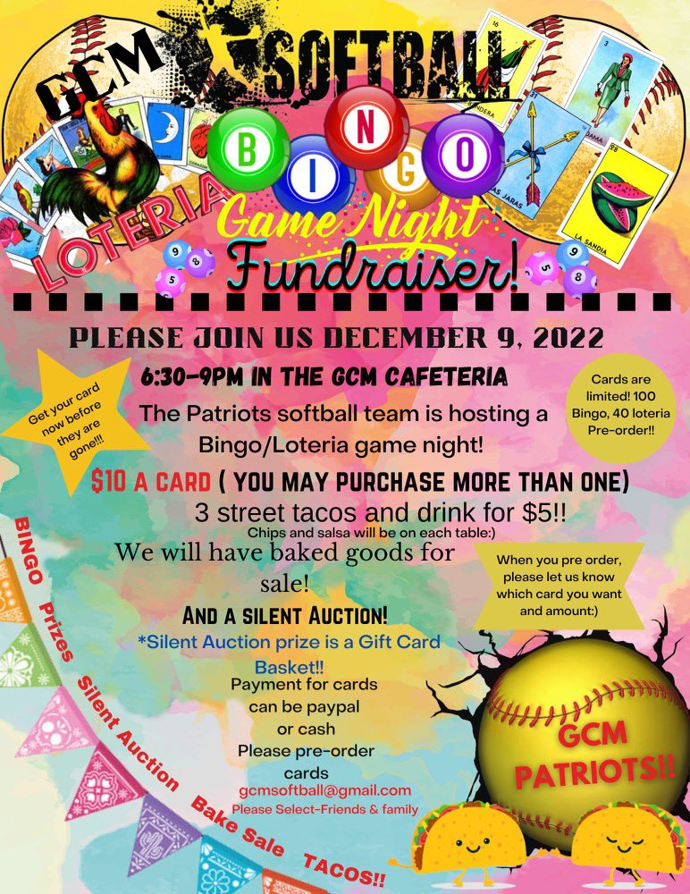 softball_gcm's tweet photo. Join us for bingo night next Friday, December 9th, from 6:30-9. 

Please see the flyer below for details! https://t.co/gtDysOGLr3