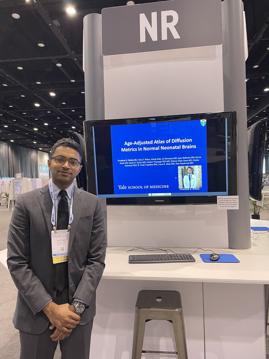 pratheek_bobba's tweet photo. Excited to have presented my work on diffusion metrics and patterns of hypoxic ischemic injury in neonates at #RSNA22! Huge thanks to my amazing mentor @SamPayabvash and @YaleRadiology for giving me this opportunity! @RSNA https://t.co/LkRHUcbIHD