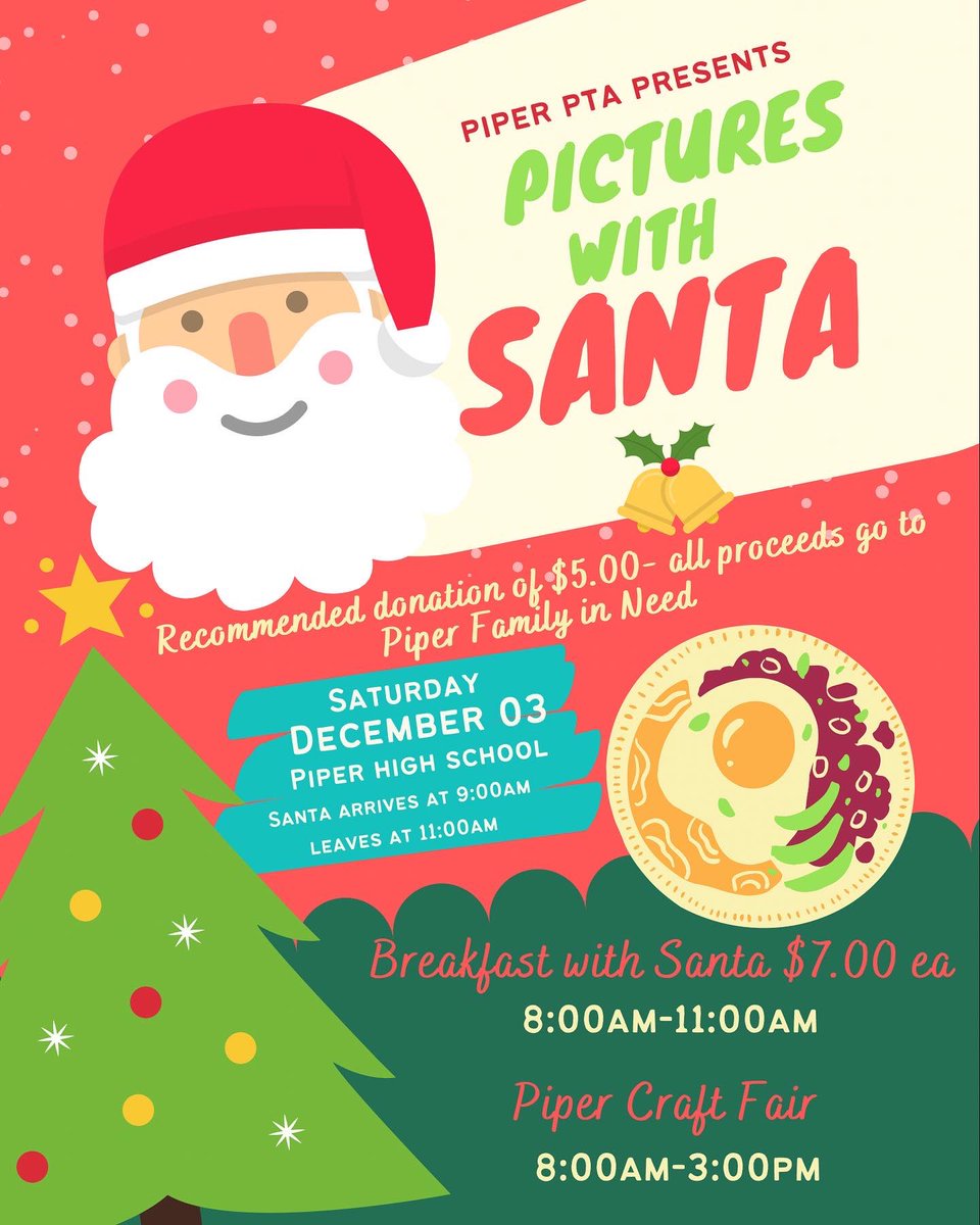 Piperpta203's tweet photo. Join us this Saturday, December 2nd at the Piper Craft show! Enjoy breakfast, get a picture with SANTA, enjoy some holiday shopping, and more! 

Santa arrives at 9:00am and departs at 11:00am. ALL donations received from pictures with Santa go directly to a Piper family in need. https://t.co/COZQGQSaKA