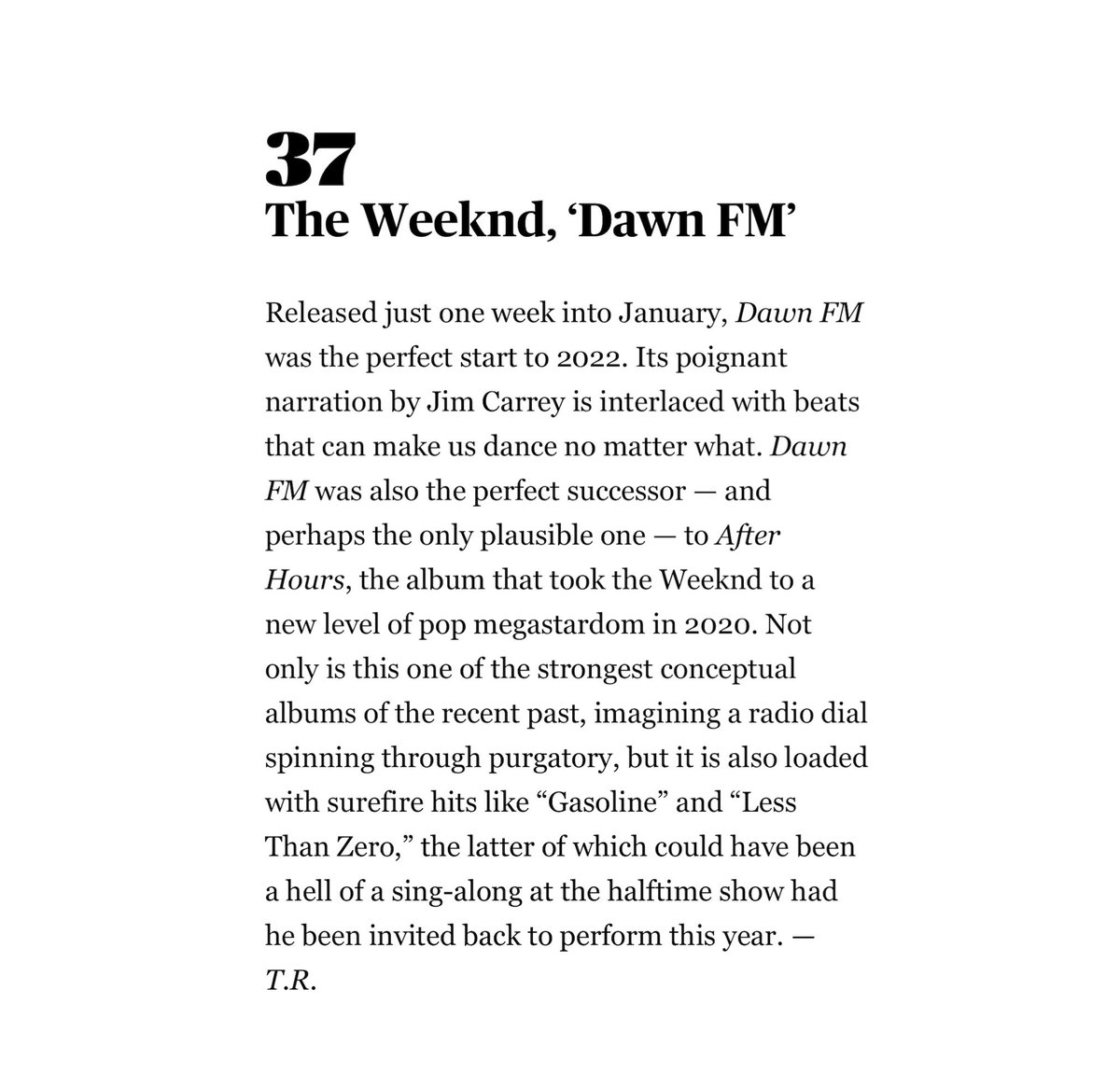 TheWeekndStatz's tweet photo. Rolling Stone names @theweeknd’s ‘Dawn FM’ as the #37 best album of 2022. https://t.co/WPd0b40w2P
